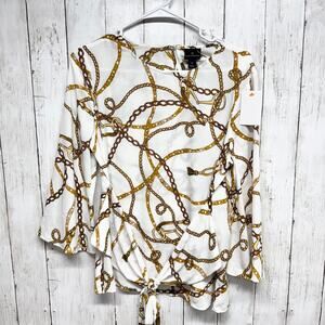 Worthington Shirt Women Size Small White Chain Tie Front Long Sleeve Blouse